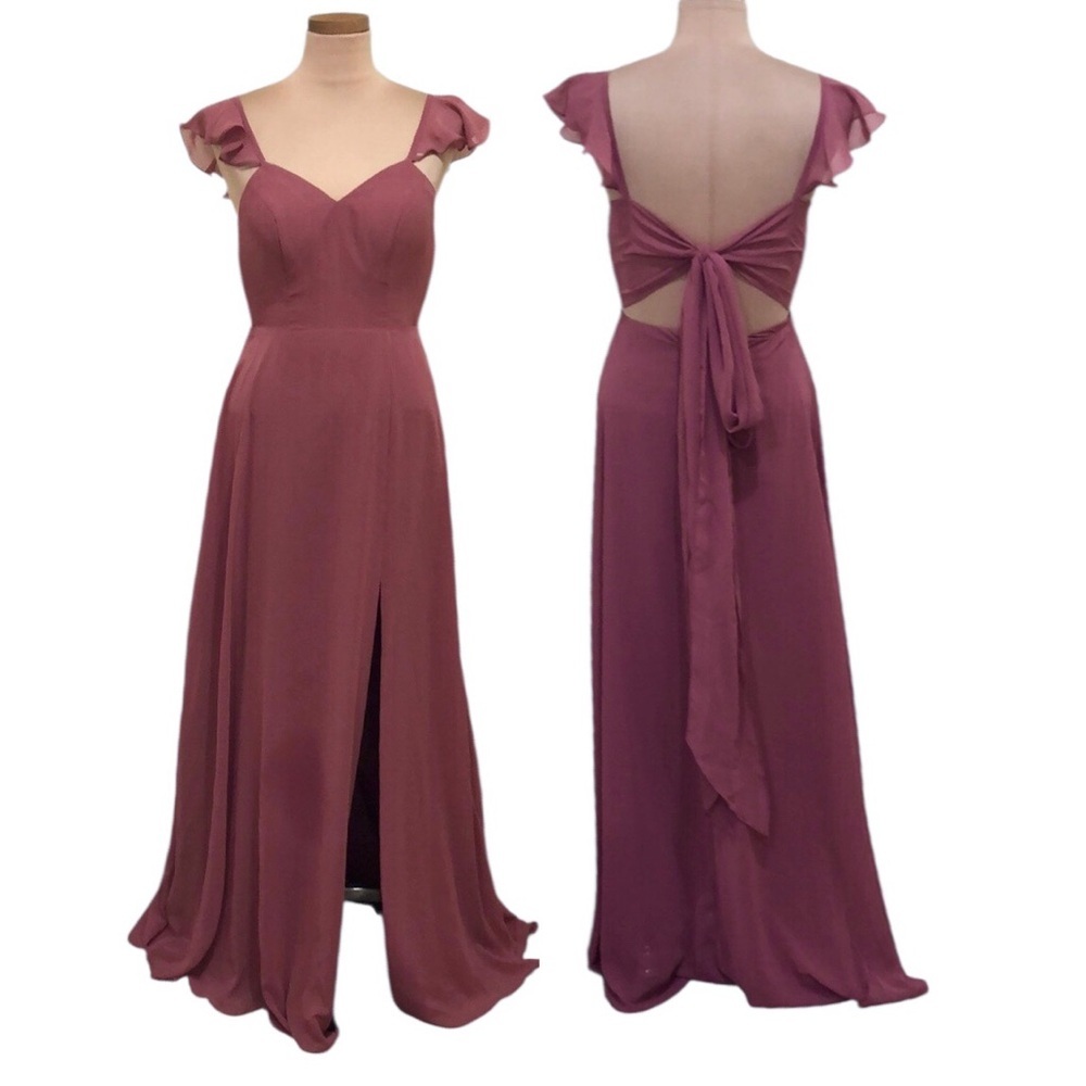 Azazie Everett Formal Maxi Dress Size 4 Muted Red Ruffle Cutout Back Gown